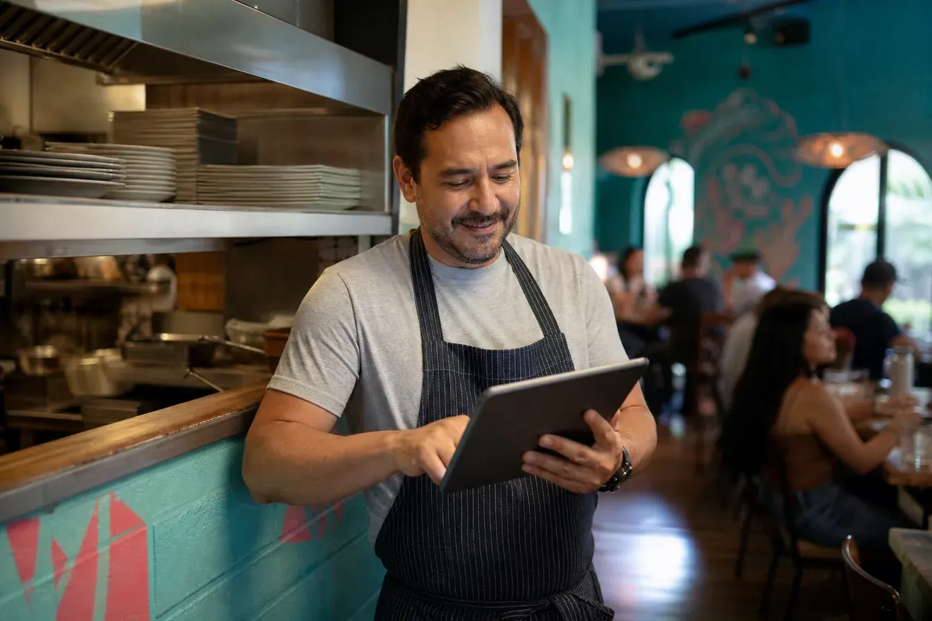 Restaurant owner reviewing a tablet at the kitchen pass with the dining room behind her — illustrative photo