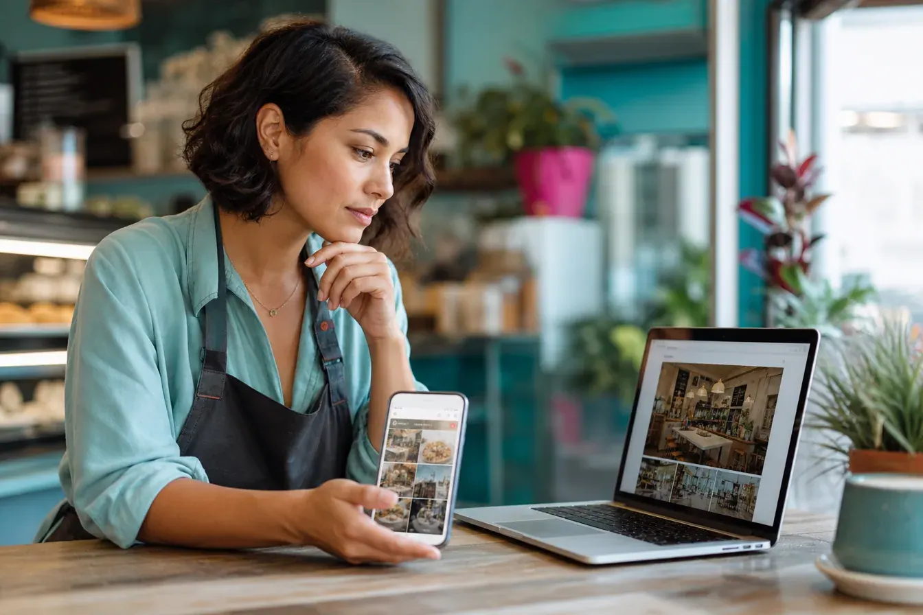 Business owner comparing her social media feed with her own website — illustrative photo