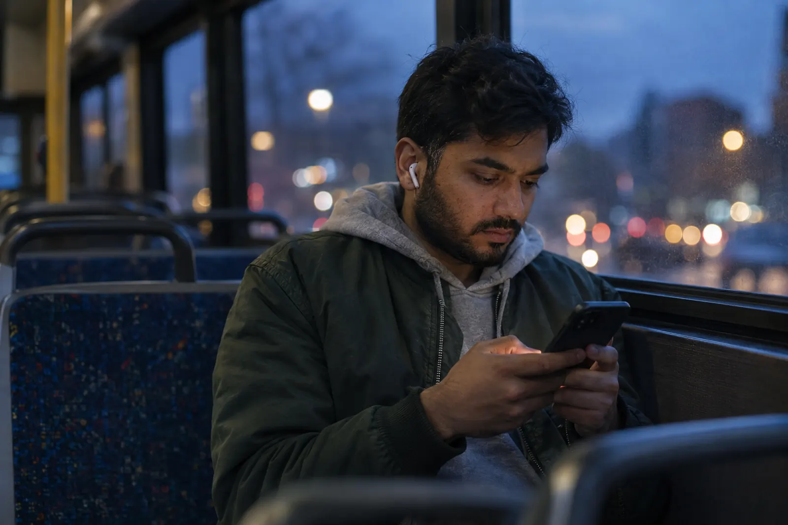 A young man in a green bomber jacket typing a text on his phone by the window of a city bus at dusk.