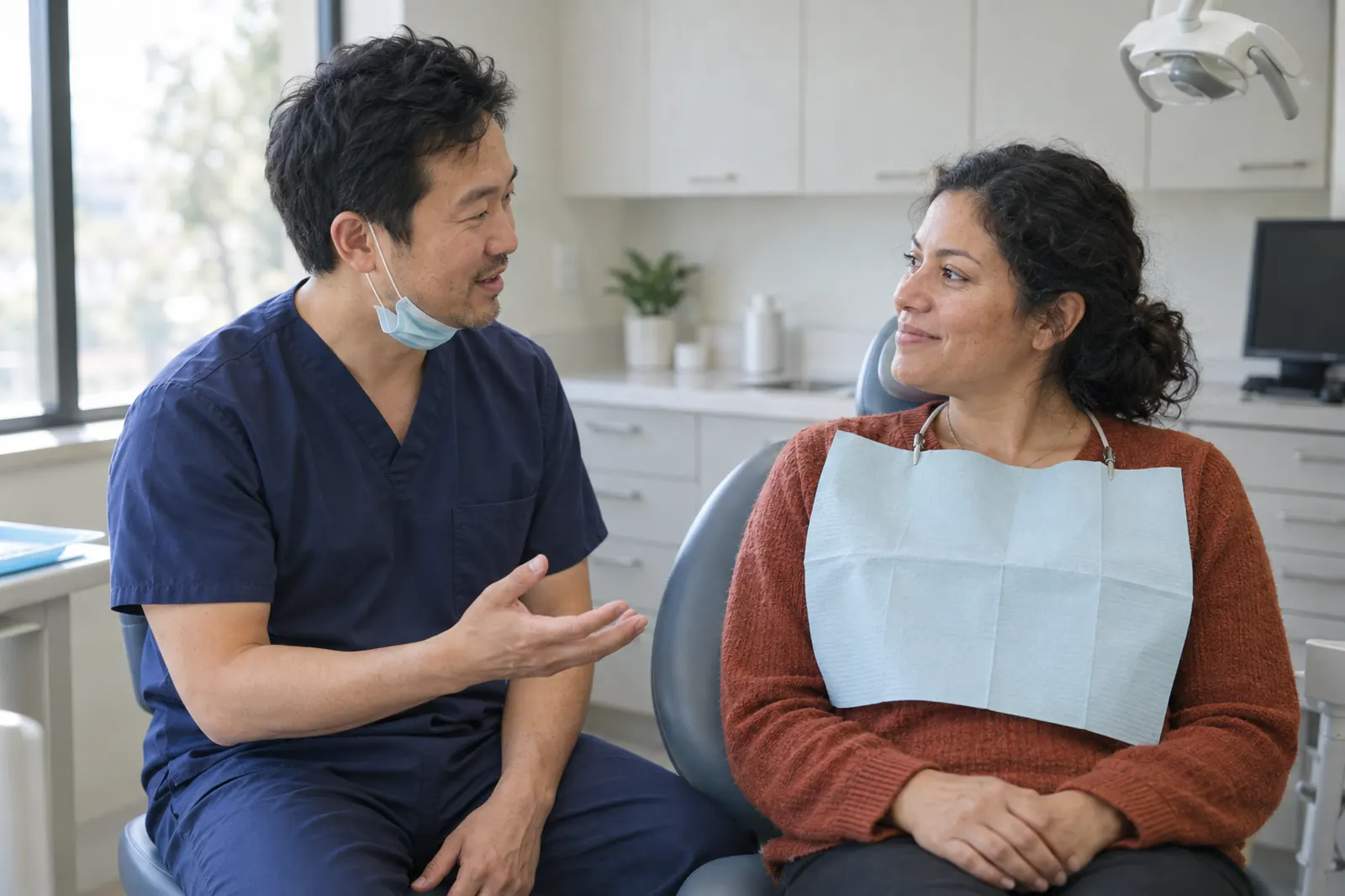 A dentist in navy scrubs, mask pulled down, talking with a smiling patient who sits upright in the dental chair.