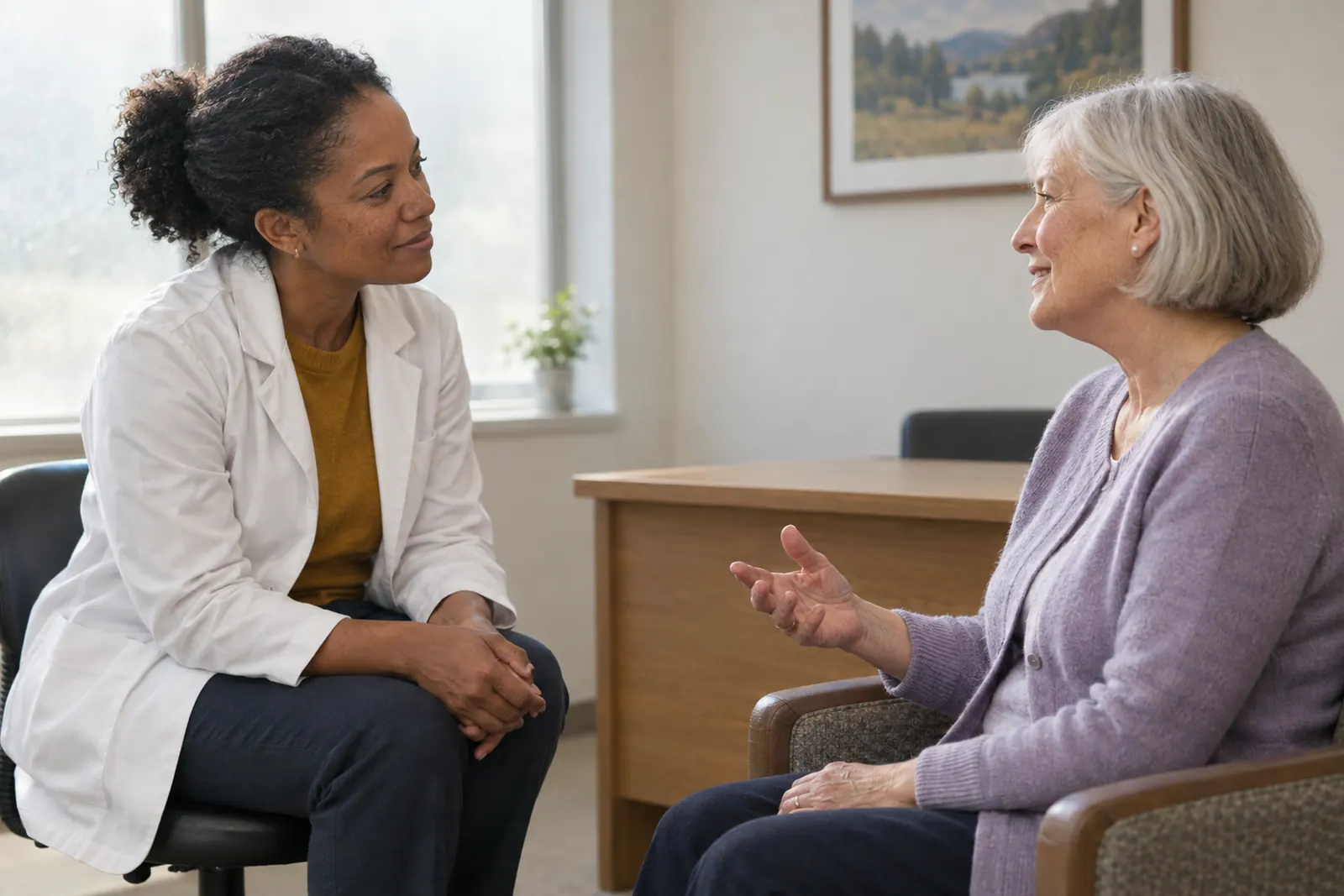 A physician in a white coat listening closely as an older woman in a lavender cardigan talks in a calm consultation room.