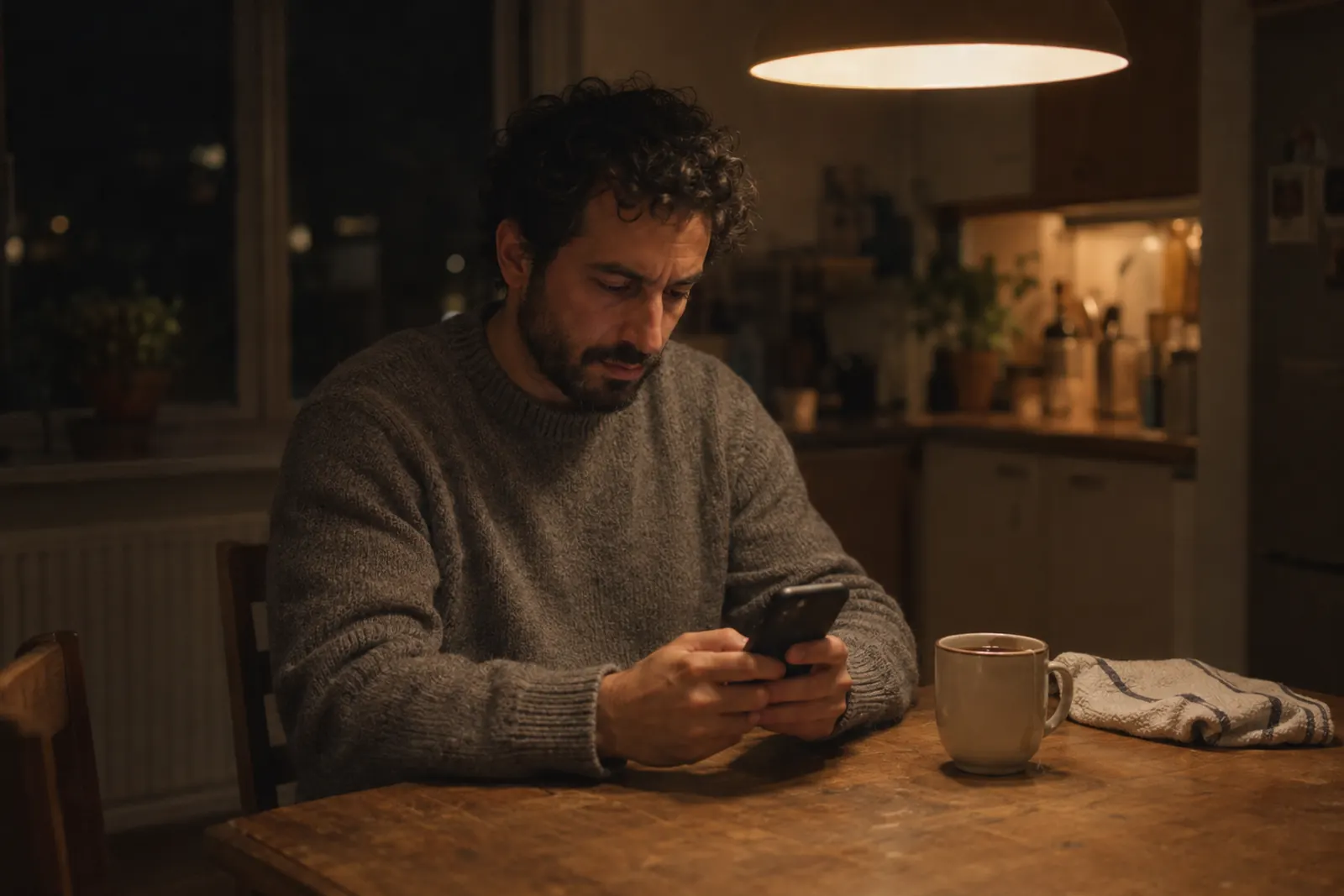 A man in a grey sweater texting at his kitchen table late in the evening under a warm pendant lamp.