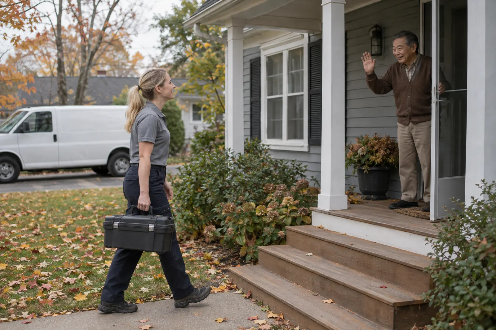 A technician carrying a toolbox up the front walk of a grey clapboard house as the homeowner waves from the porch.