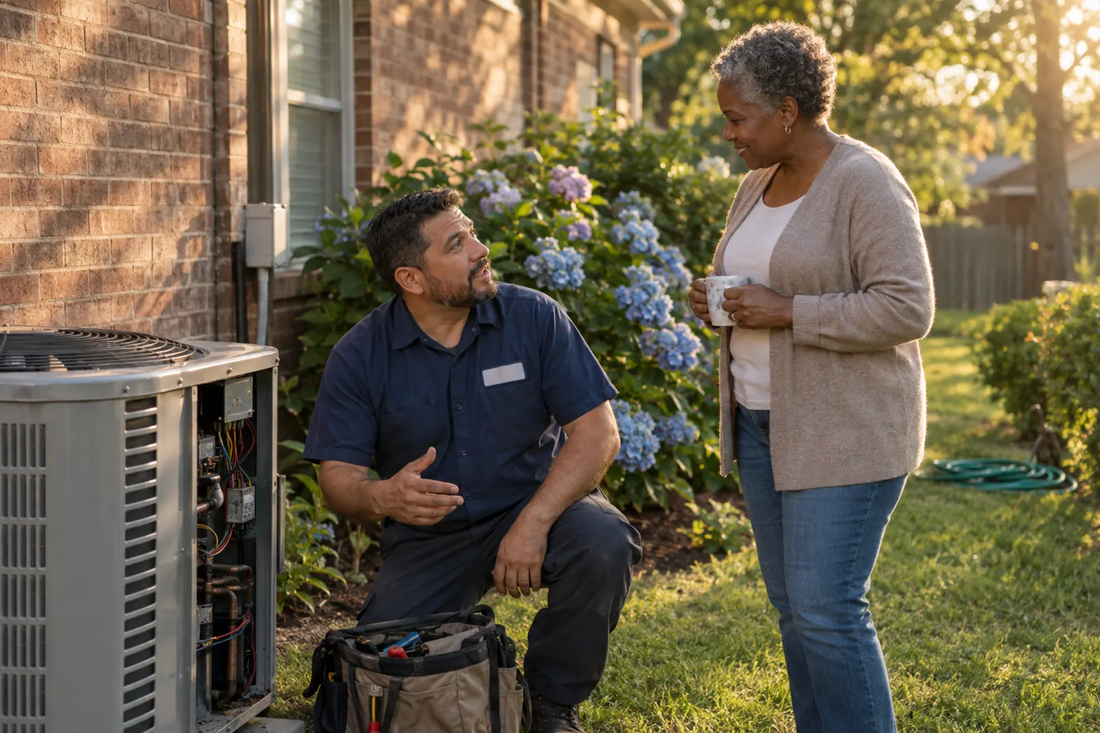 An HVAC technician kneeling beside an outdoor air-conditioning unit, explaining the repair to a homeowner holding a coffee mug.