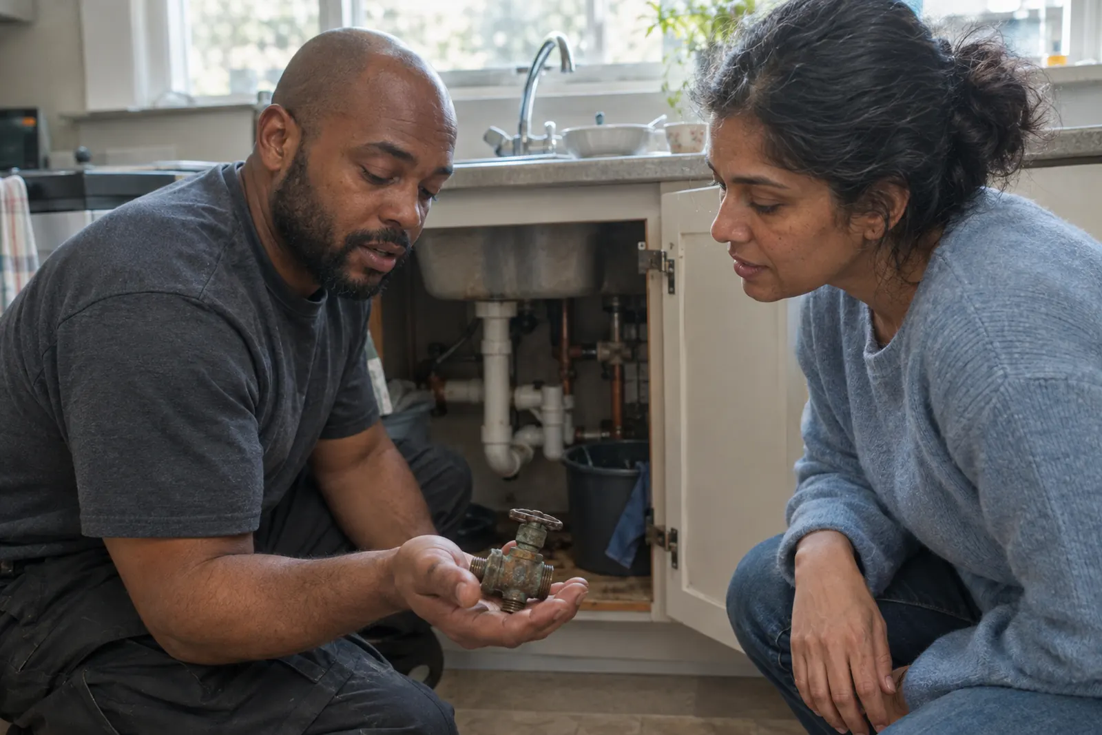 A plumber crouched by an open kitchen sink cabinet, showing a corroded old valve to a homeowner in a blue sweater.