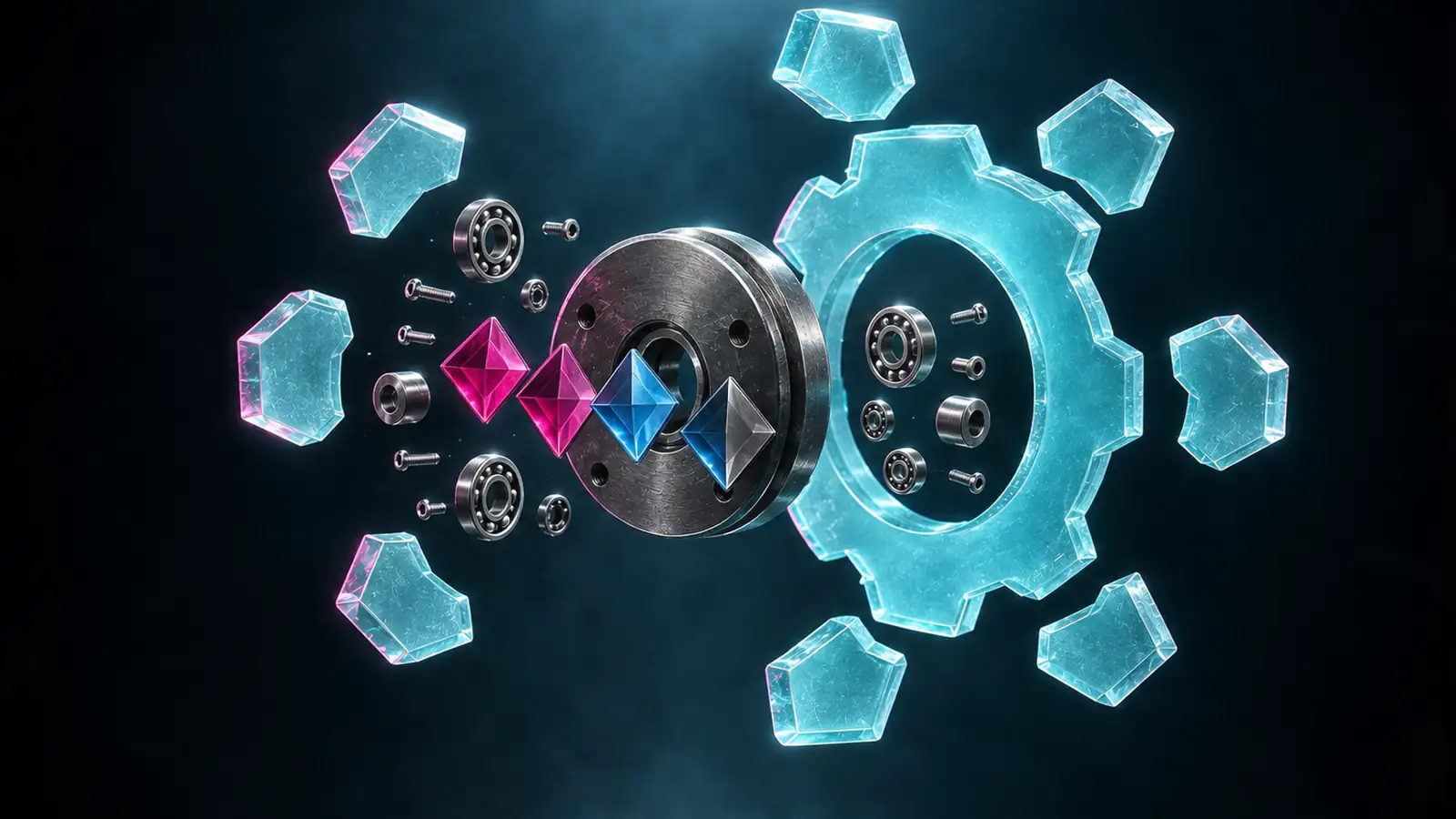 The WebEngine gear and W, machined from aqua glass and graphite, assembling itself