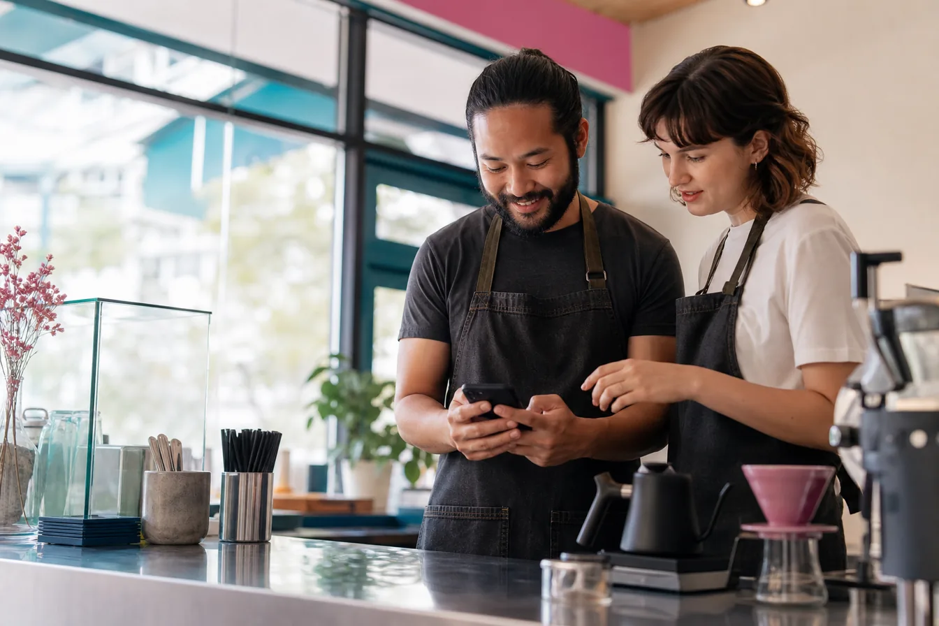 Cafe owner behind a modern counter — illustrative photo