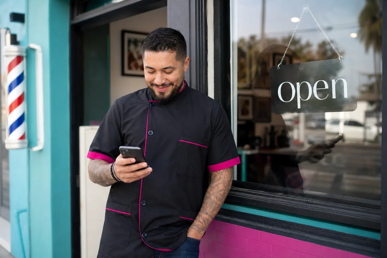 Barber outside his shop checking his phone with a satisfied look — illustrative photo