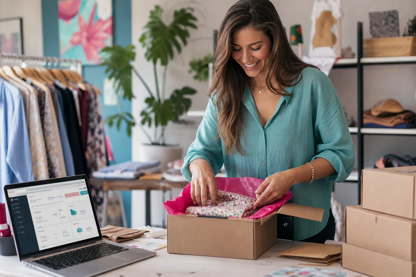 Boutique owner packing an online order beside a laptop, shipping boxes and tissue paper nearby — illustrative photo