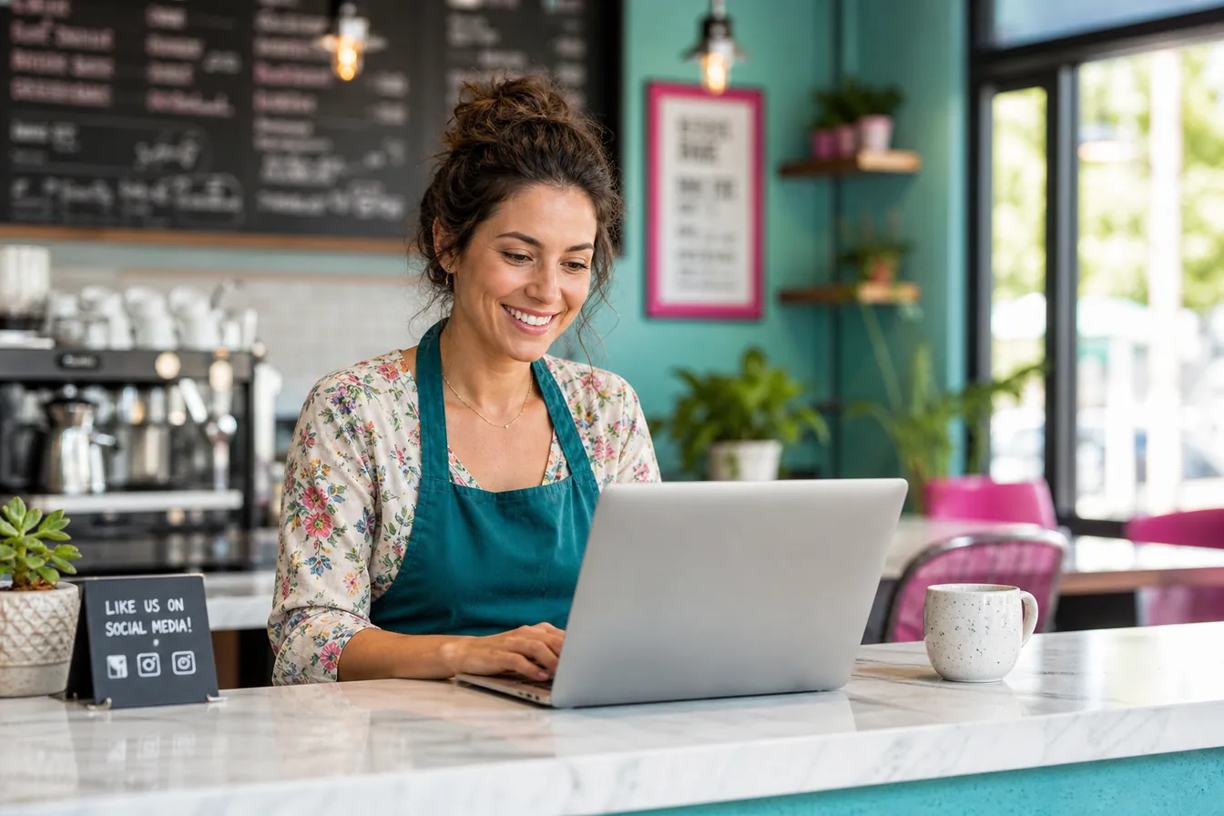 Coffee shop owner reviewing her new website on a laptop at the counter — illustrative photo