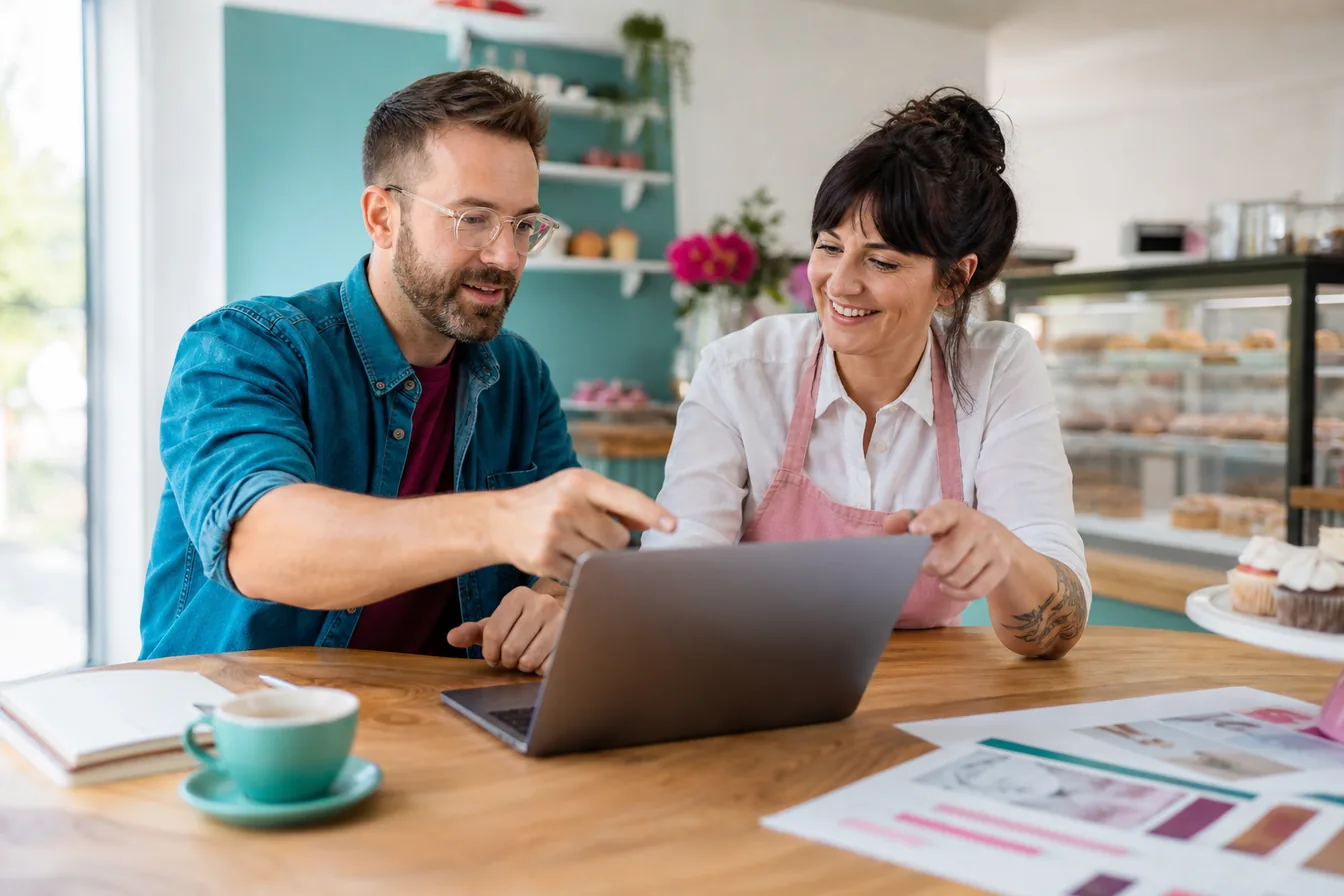 Web designer and bakery owner reviewing a homepage design together at a studio table — illustrative photo