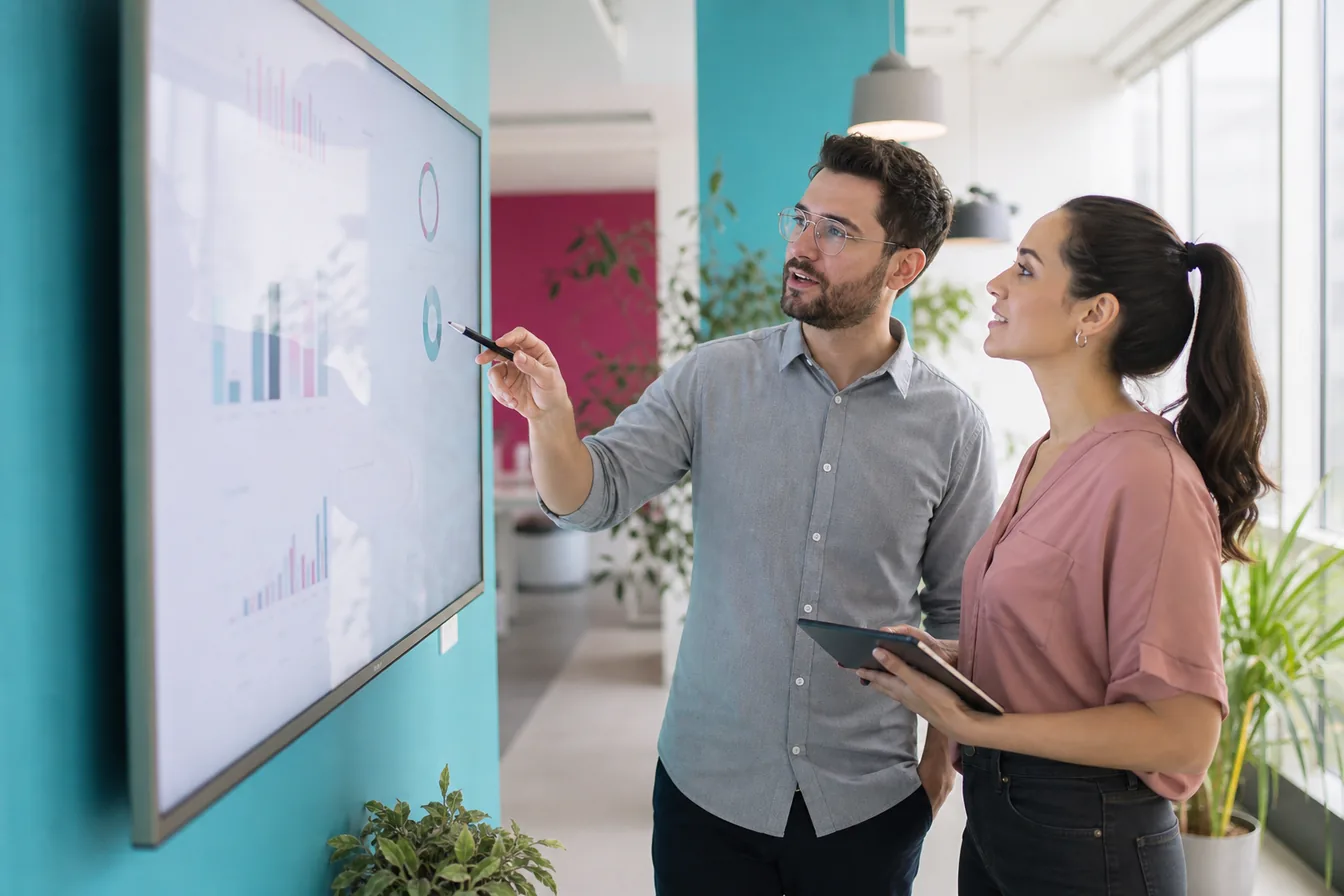 Two marketers discussing performance charts on a wall-mounted screen in a bright office — illustrative photo