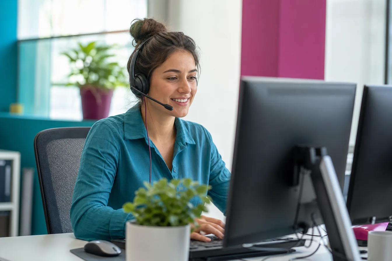Support specialist with a headset working at a tidy dual-monitor desk — illustrative photo