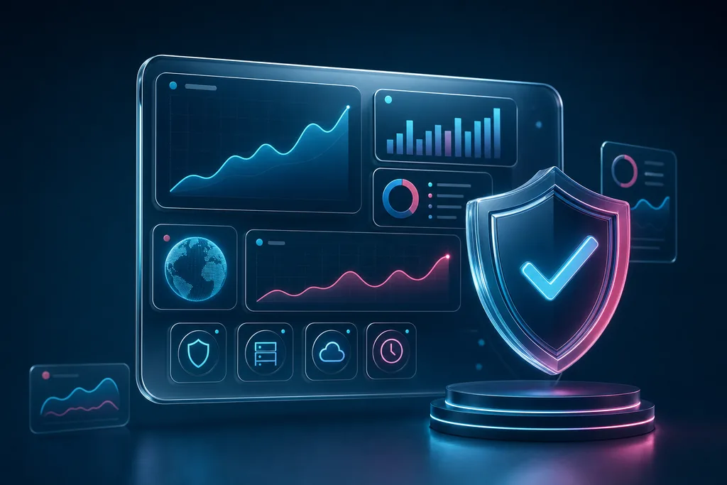 Website support dashboard with security shield and uptime graphs — Web Engine