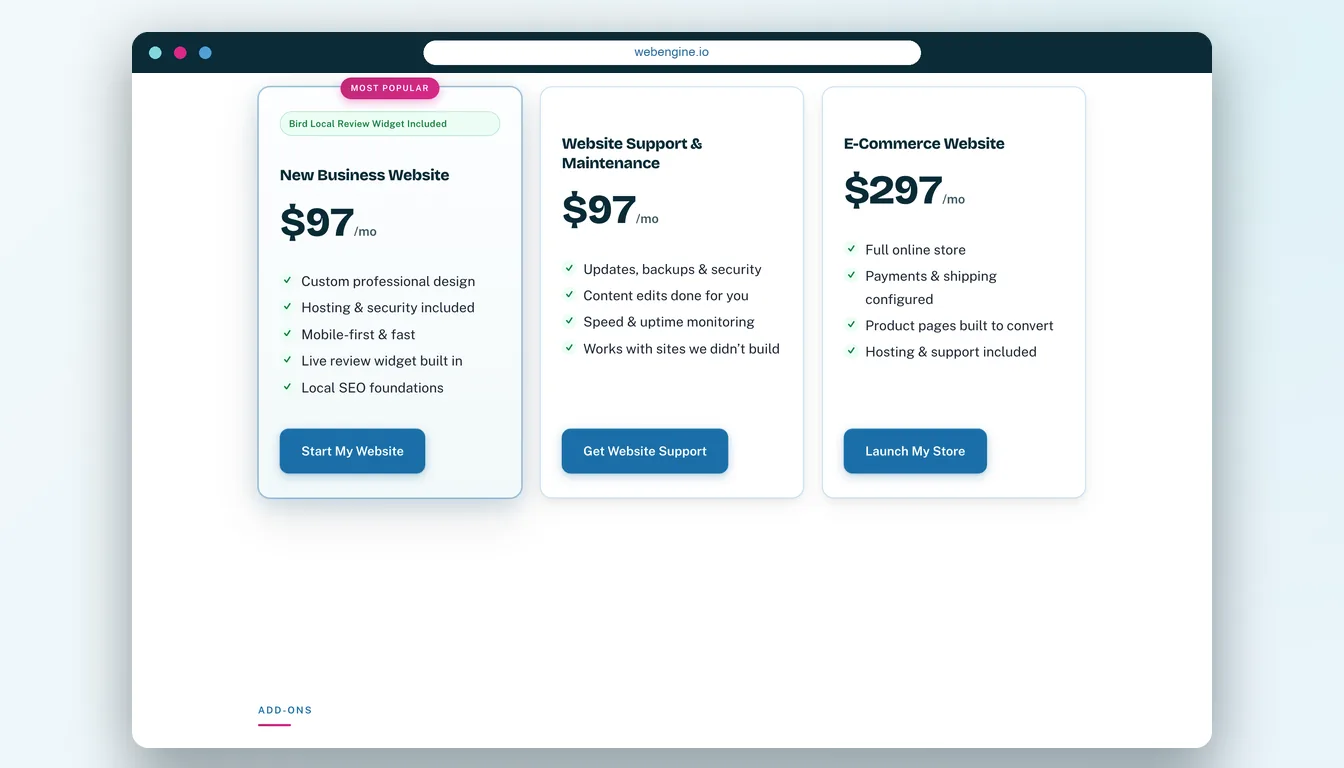 Web Engine products and checkout page shown in a browser mockup