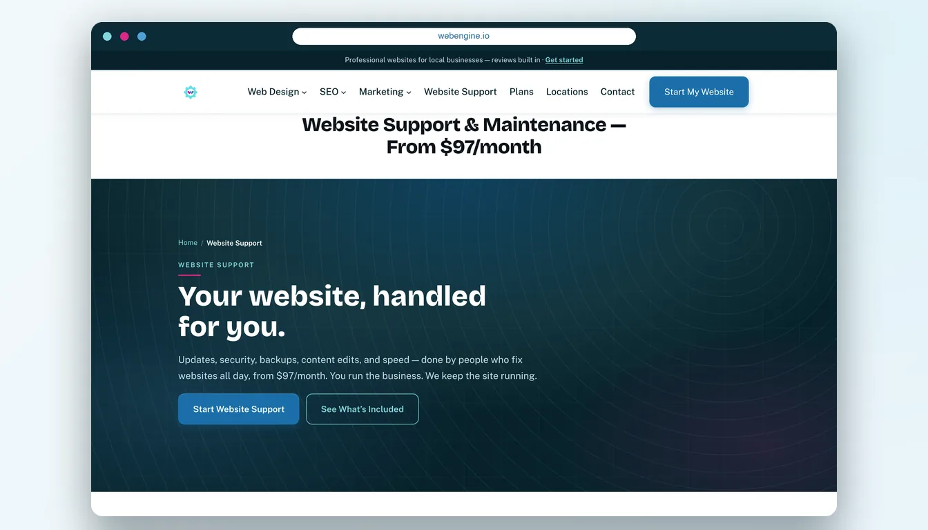 Web Engine website support plans page shown in a browser mockup
