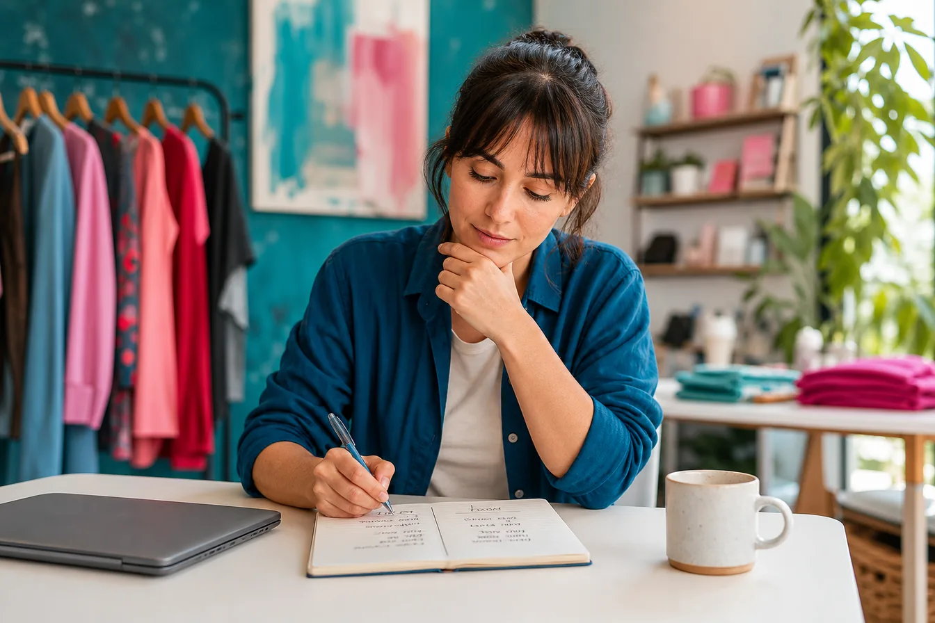 Small-business owner comparing website options in a notebook at a bright desk — illustrative photo