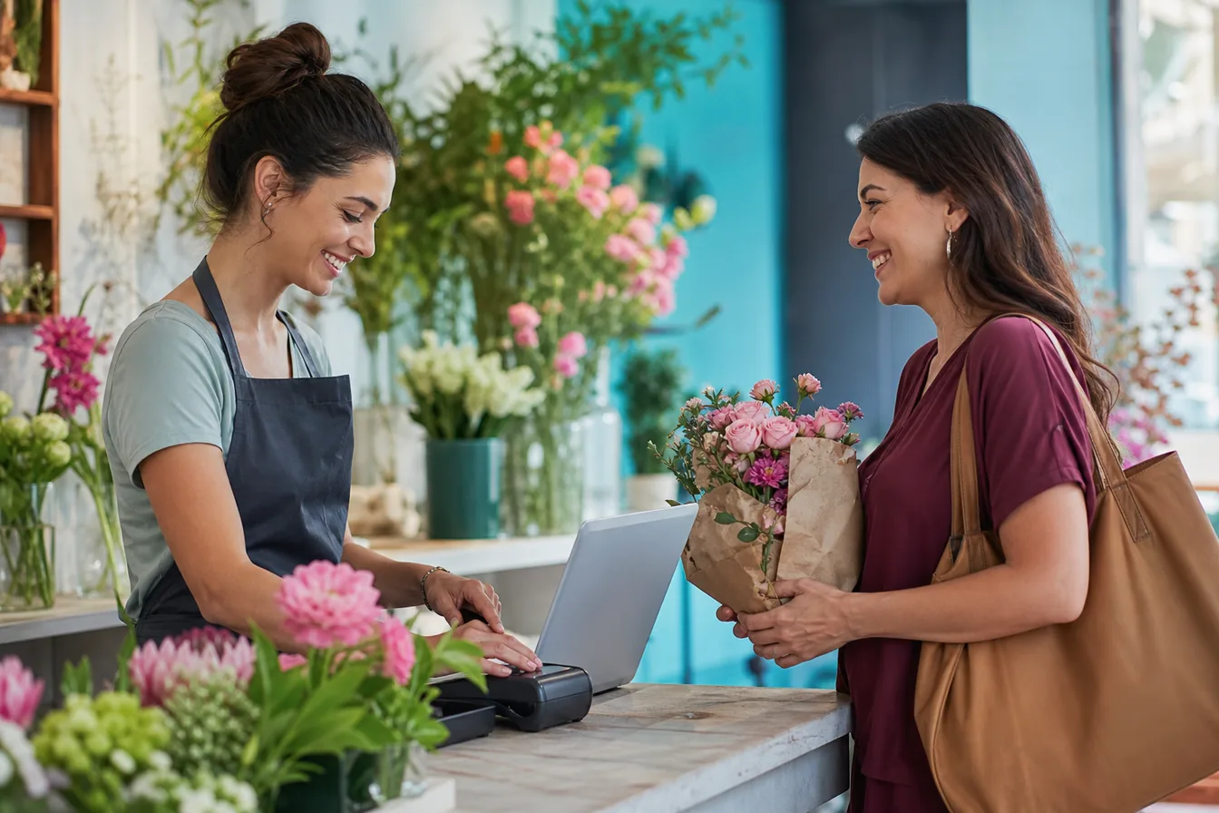 Florist serving a customer at her shop counter with a laptop open beside the register — illustrative photo