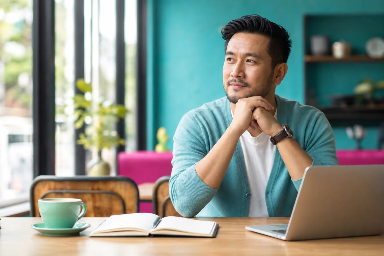 Business owner at a cafe table with a notebook and laptop, weighing a decision — illustrative photo