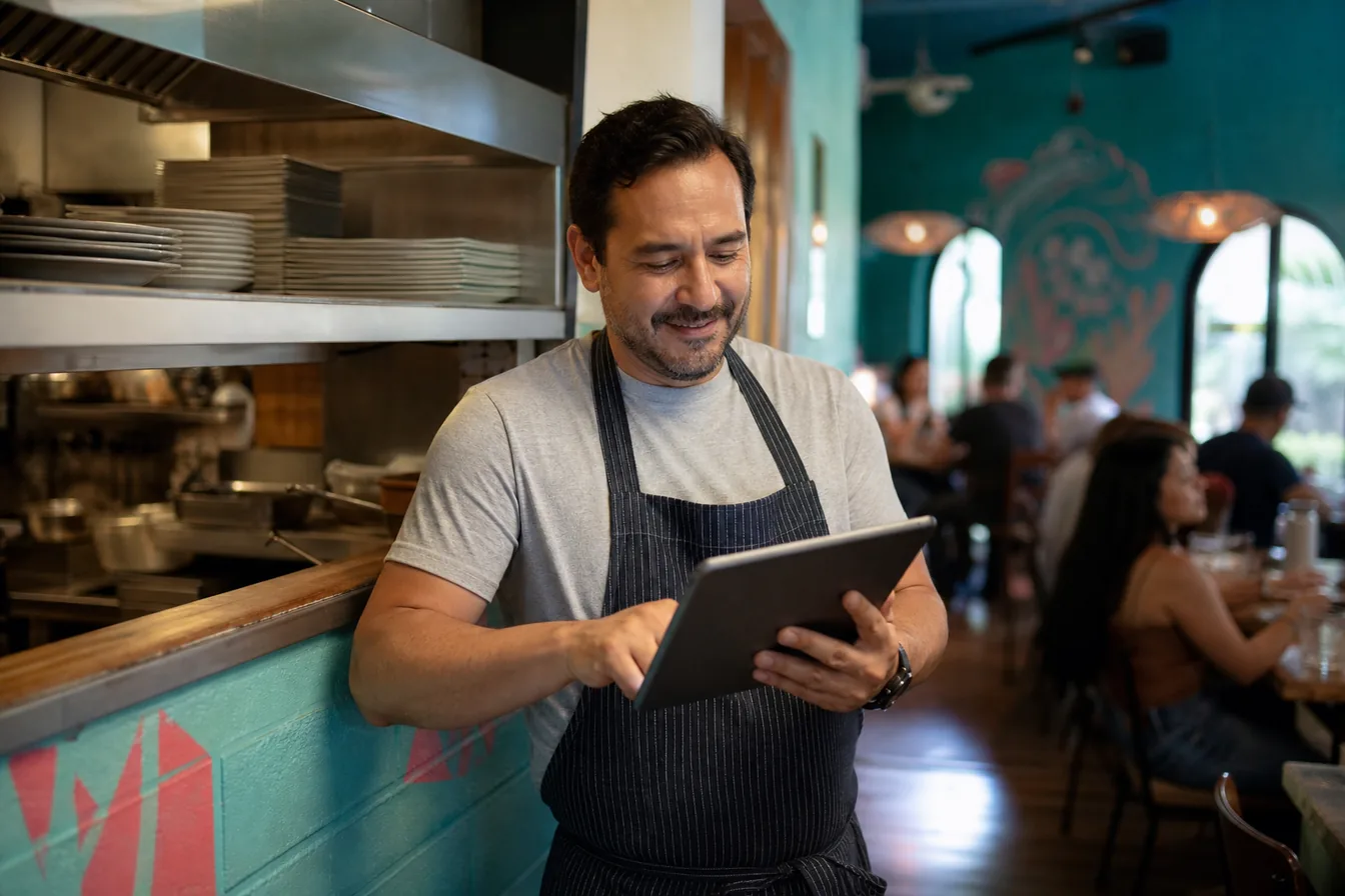 Restaurant owner reviewing a tablet at the kitchen pass with the dining room behind her — illustrative photo
