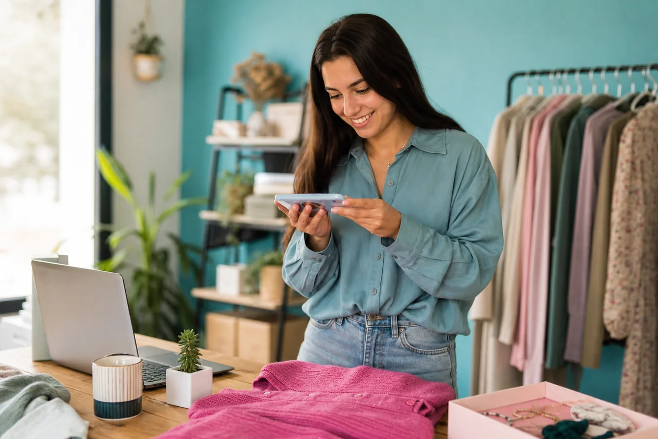 Boutique owner photographing a product with her phone beside an open laptop — illustrative photo