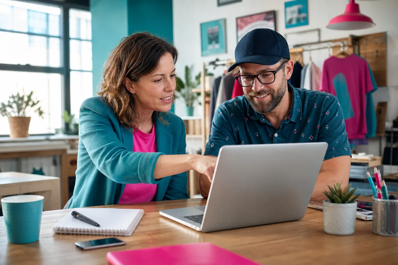 Designer and business owner reviewing a website layout together on a laptop — illustrative photo