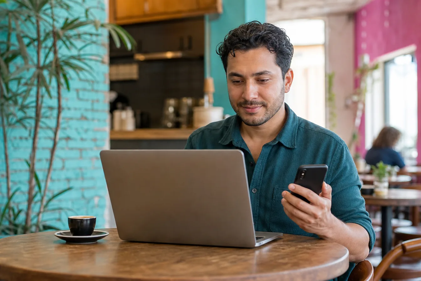 Business owner comparing service quotes on a laptop while holding his phone — illustrative photo