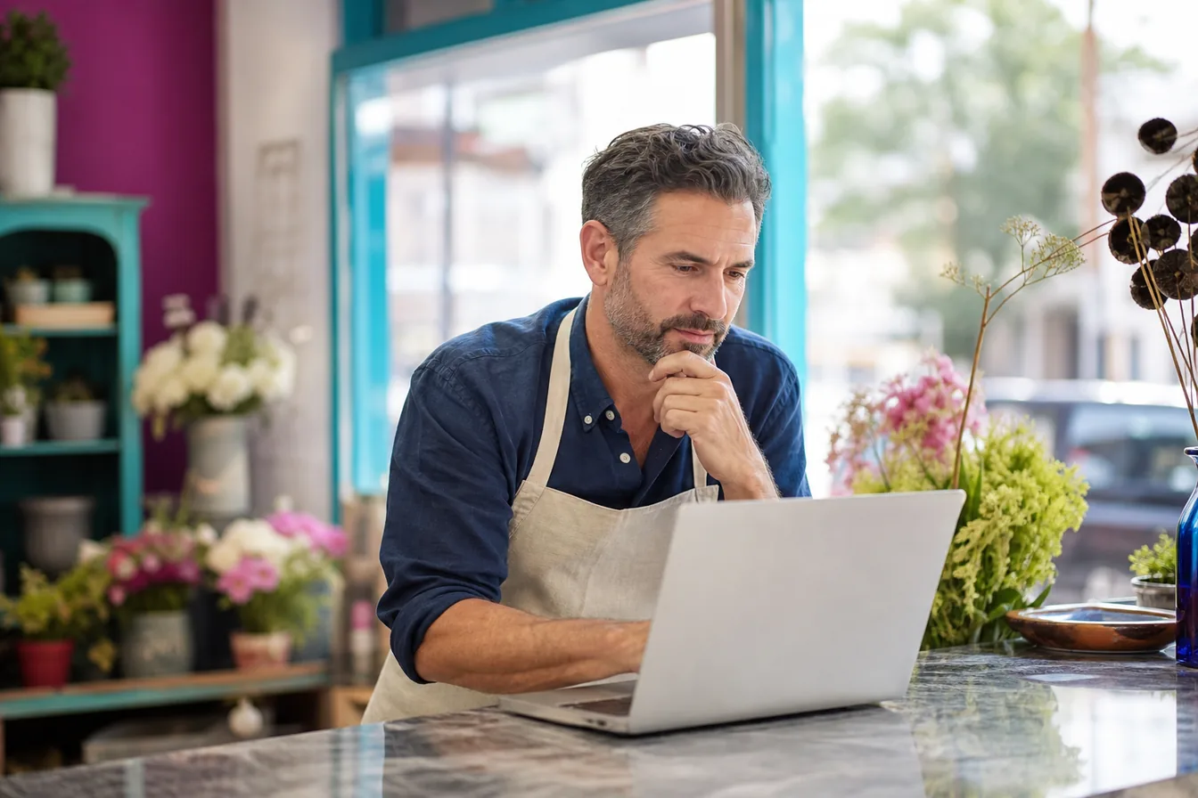 Shop owner comparing website options on a laptop at his counter — illustrative photo