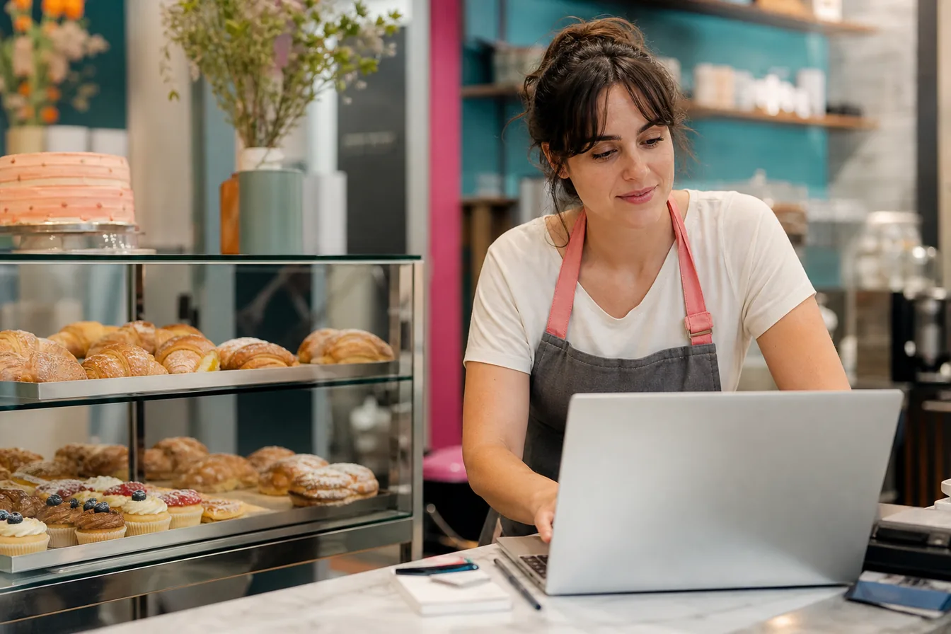 Bakery owner checking a laptop at her display counter — illustrative photo