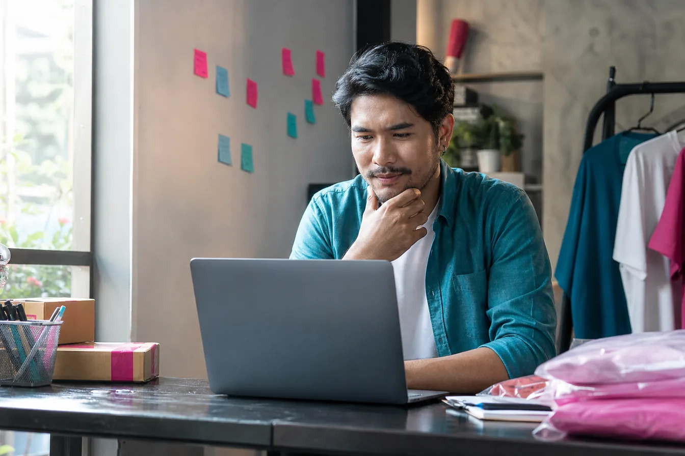 Business owner considering website choices on a laptop in his back office — illustrative photo