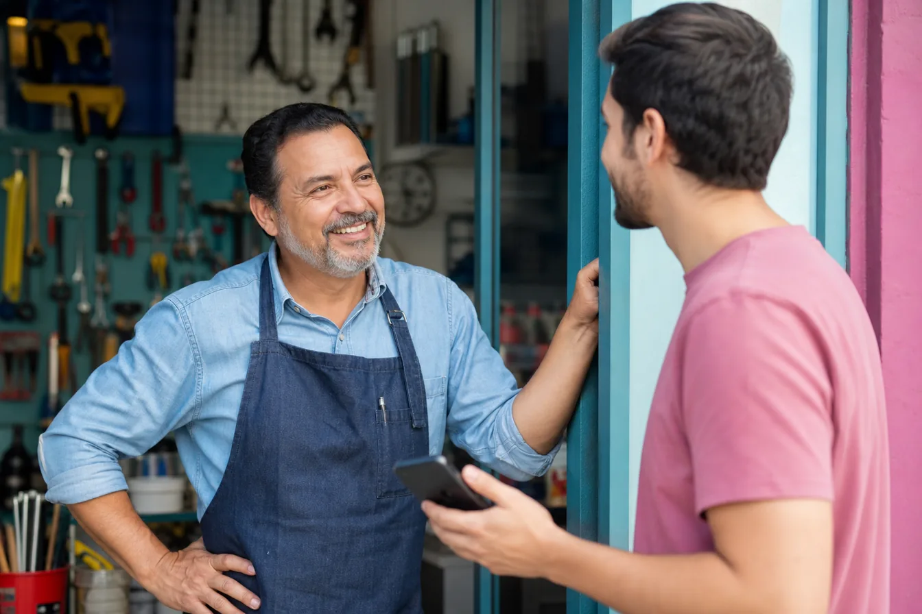 Store owner welcoming a customer who arrives holding his phone — illustrative photo