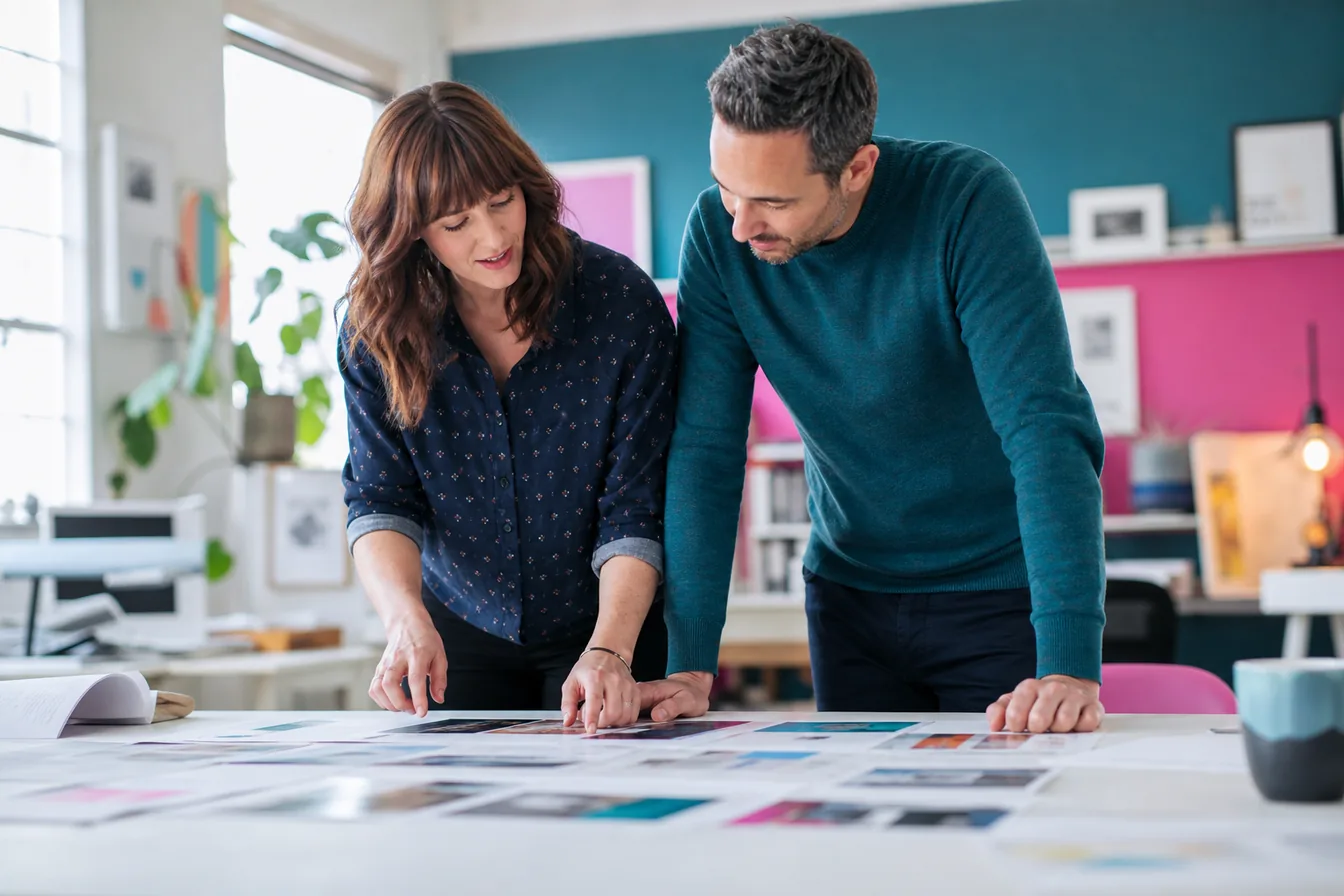 Designer and business owner arranging printed page-layout cards on a table — illustrative photo