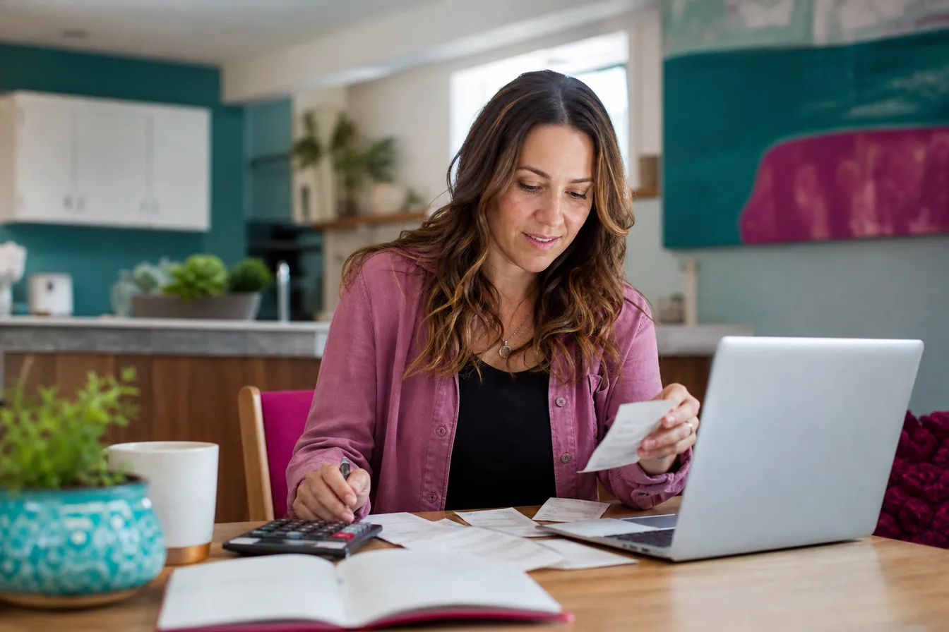 Business owner budgeting at a kitchen table with a calculator, receipts, and laptop — illustrative photo