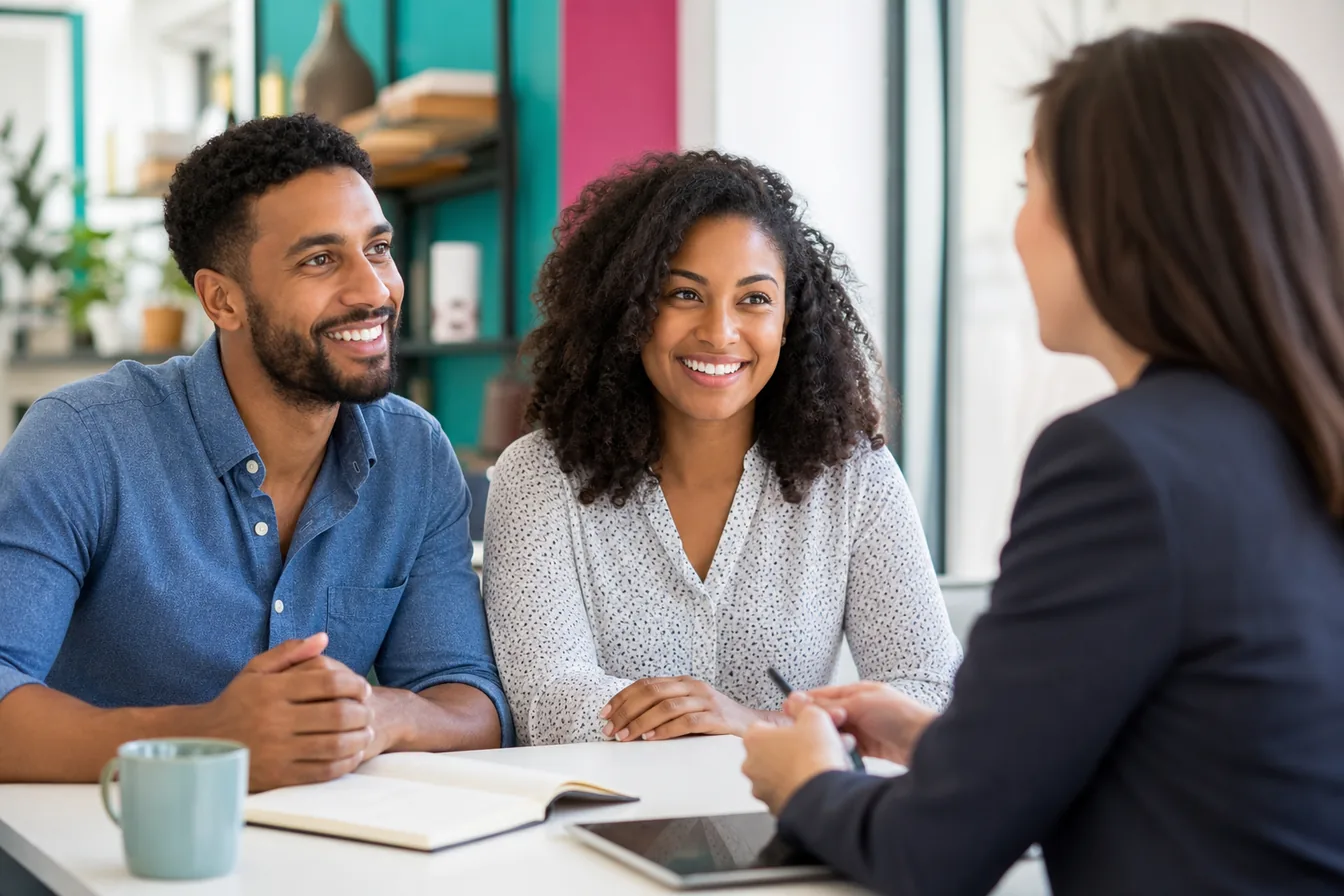 Small-business owners consulting with a professional across an office desk — illustrative photo