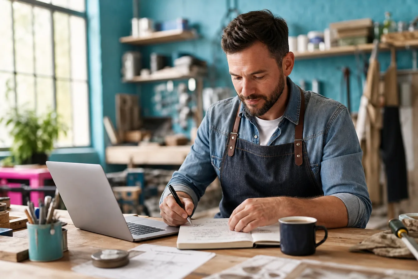 Workshop owner planning at his workbench with a laptop and handwritten notes — illustrative photo