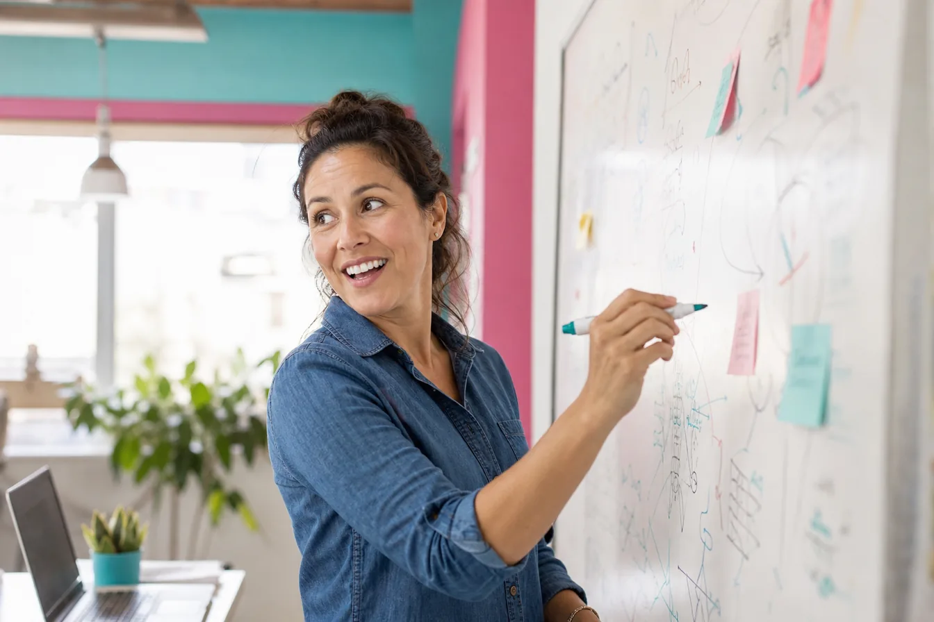 Business owner brainstorming ideas at a whiteboard, marker in hand — illustrative photo