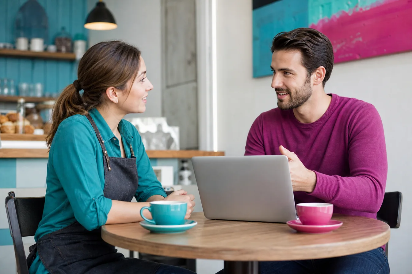 Business owner meeting a web designer over coffee with a laptop between them — illustrative photo