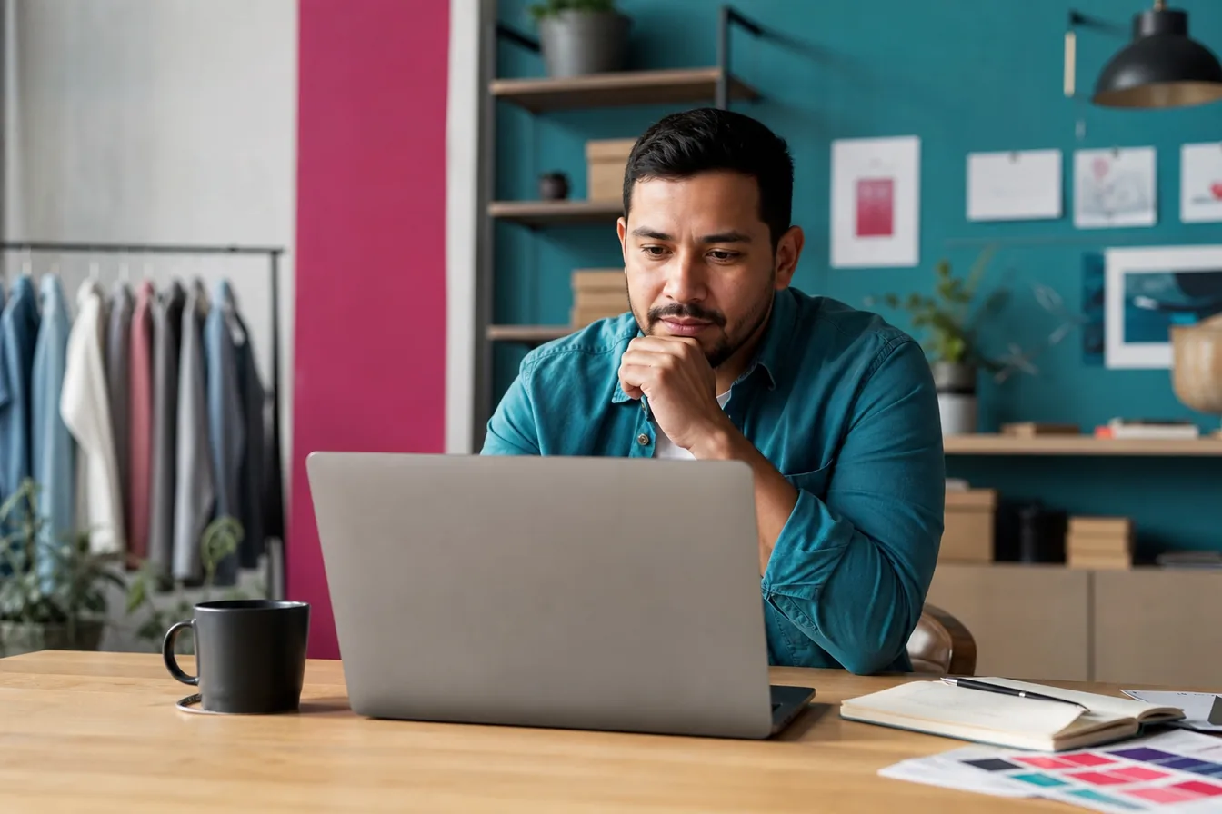 Business owner comparing options on a laptop at his desk — illustrative photo