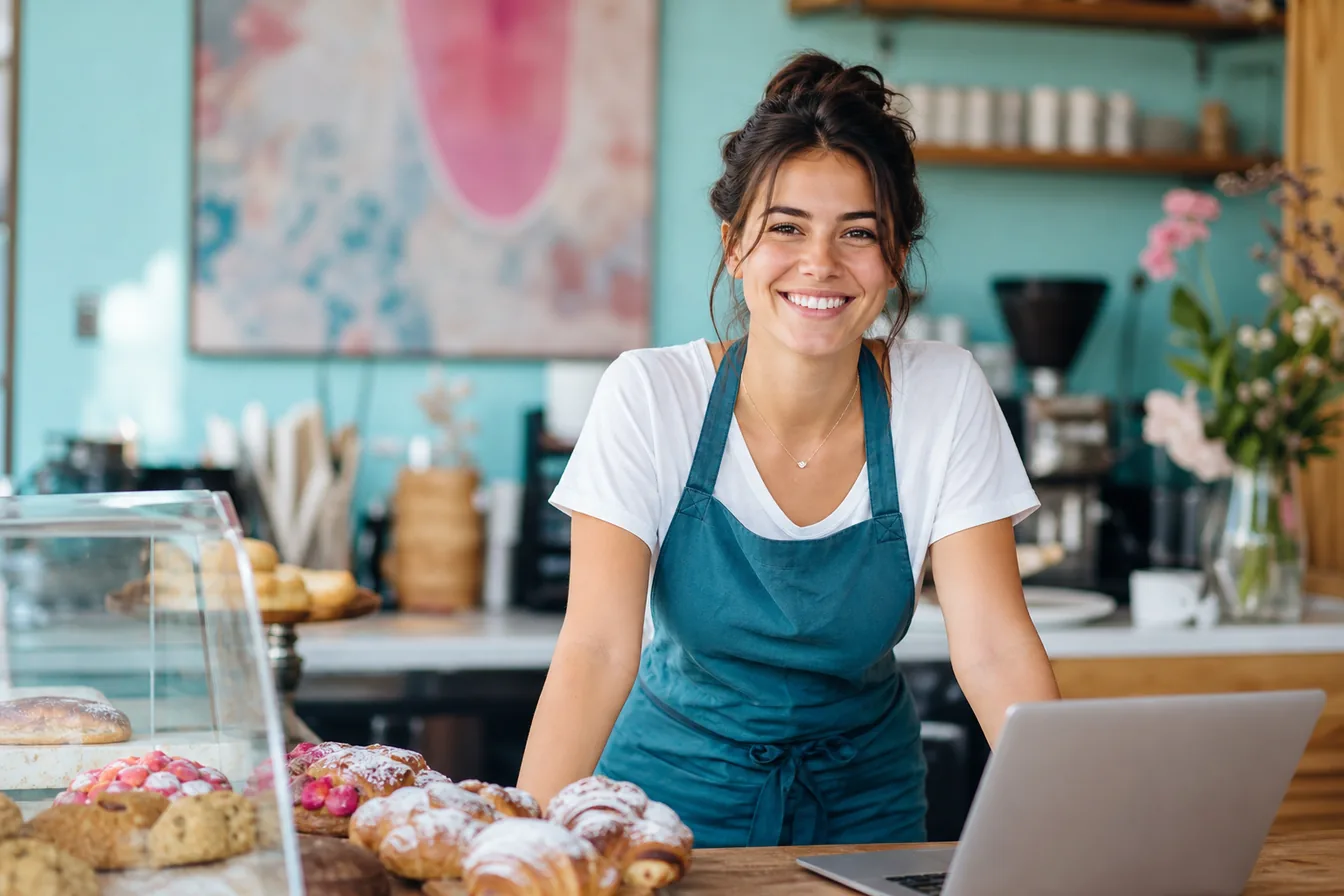 Bakery owner smiling behind the counter with a laptop open beside fresh pastries — illustrative photo