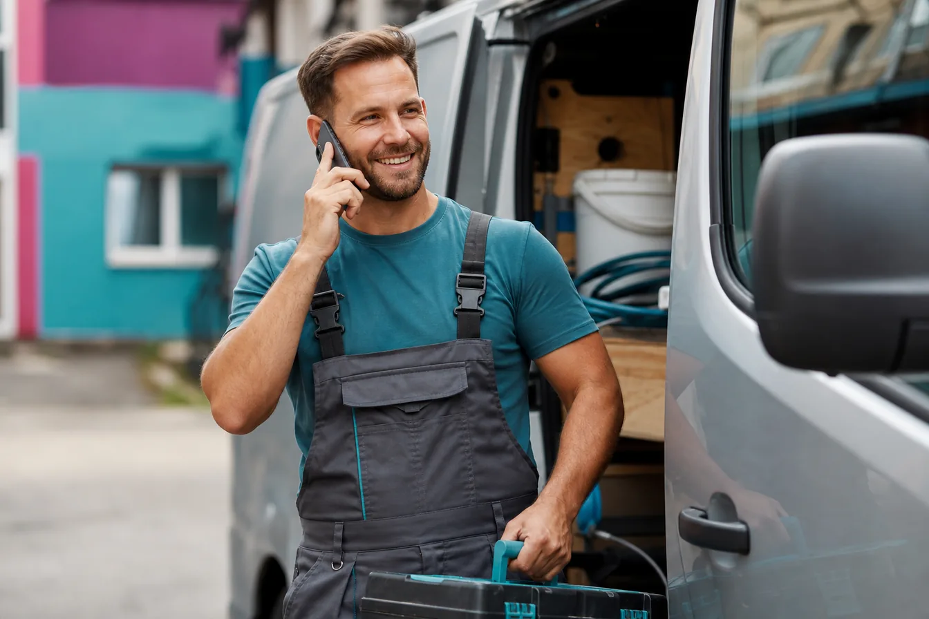 Tradesperson taking a phone call beside his service van, toolbox in hand — illustrative photo