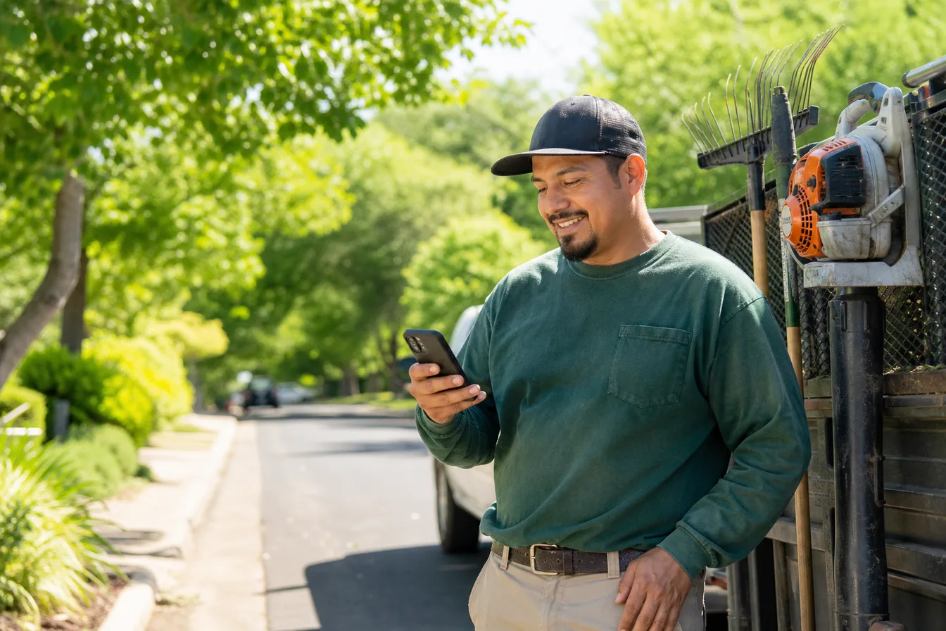 Landscaper by his work truck checking his phone with a satisfied look — illustrative photo