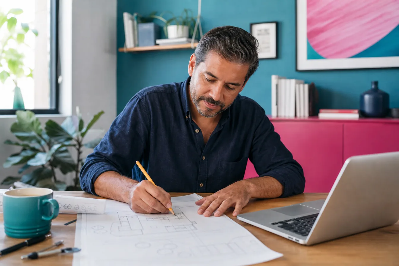 Business owner sketching a site plan on paper beside an open laptop — illustrative photo