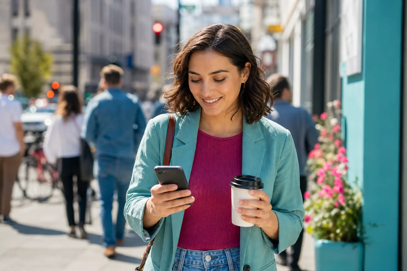 Customer on a busy sidewalk checking her phone with a pleased look — illustrative photo