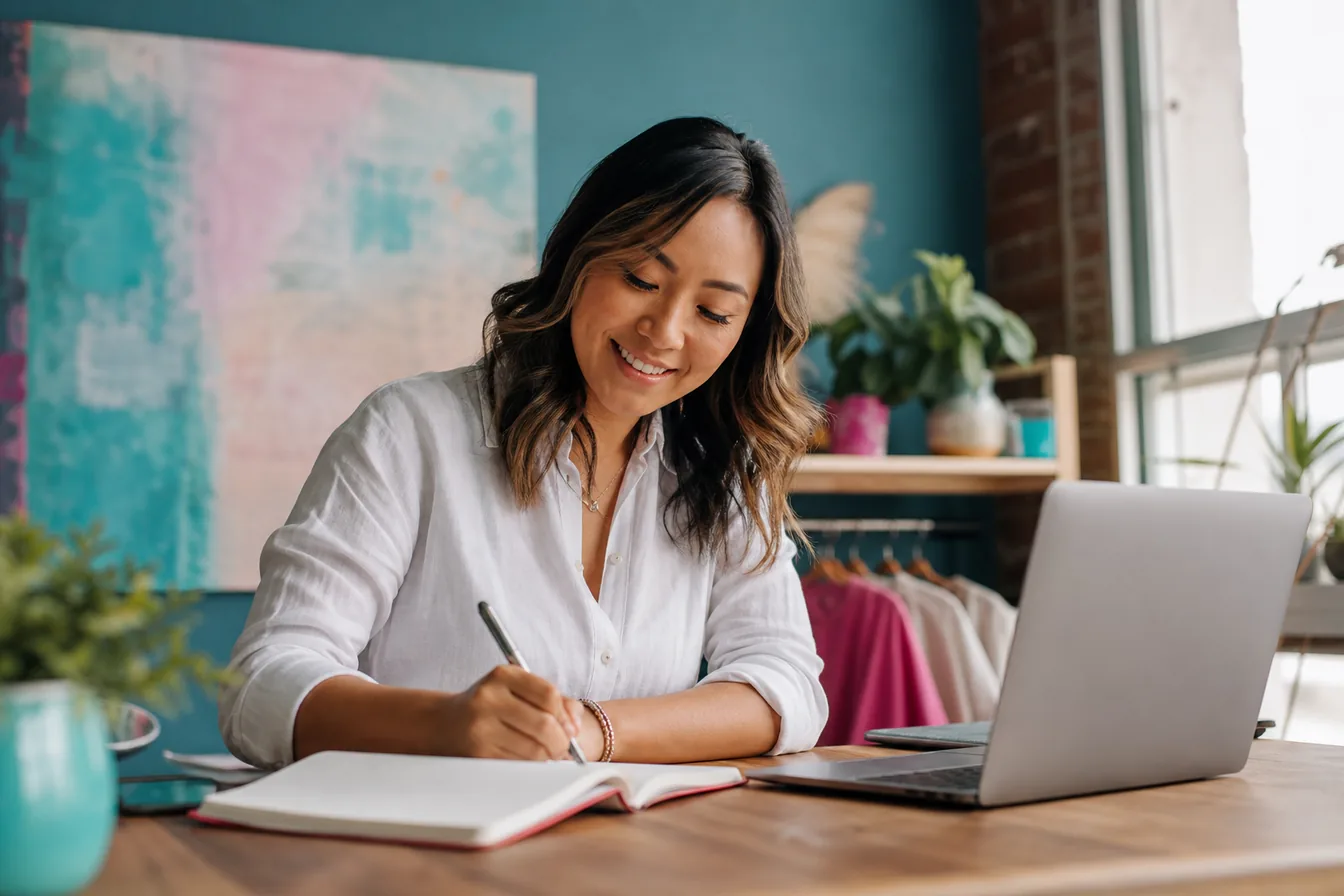 Business owner drafting copy in a notebook beside an open laptop — illustrative photo