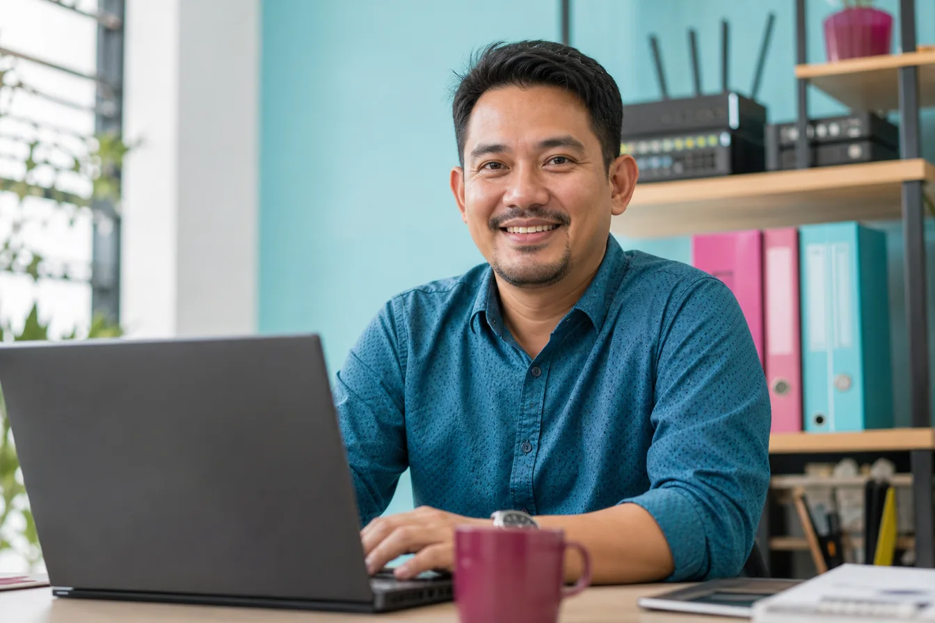 Business owner working on a laptop in a compact home office — illustrative photo