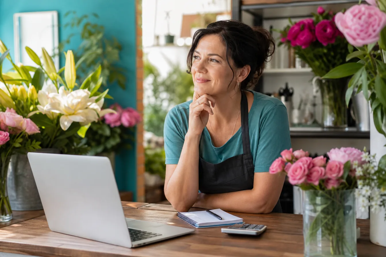 Florist weighing a decision at her shop counter with a laptop, notebook and calculator — illustrative photo for whether a website is worth it