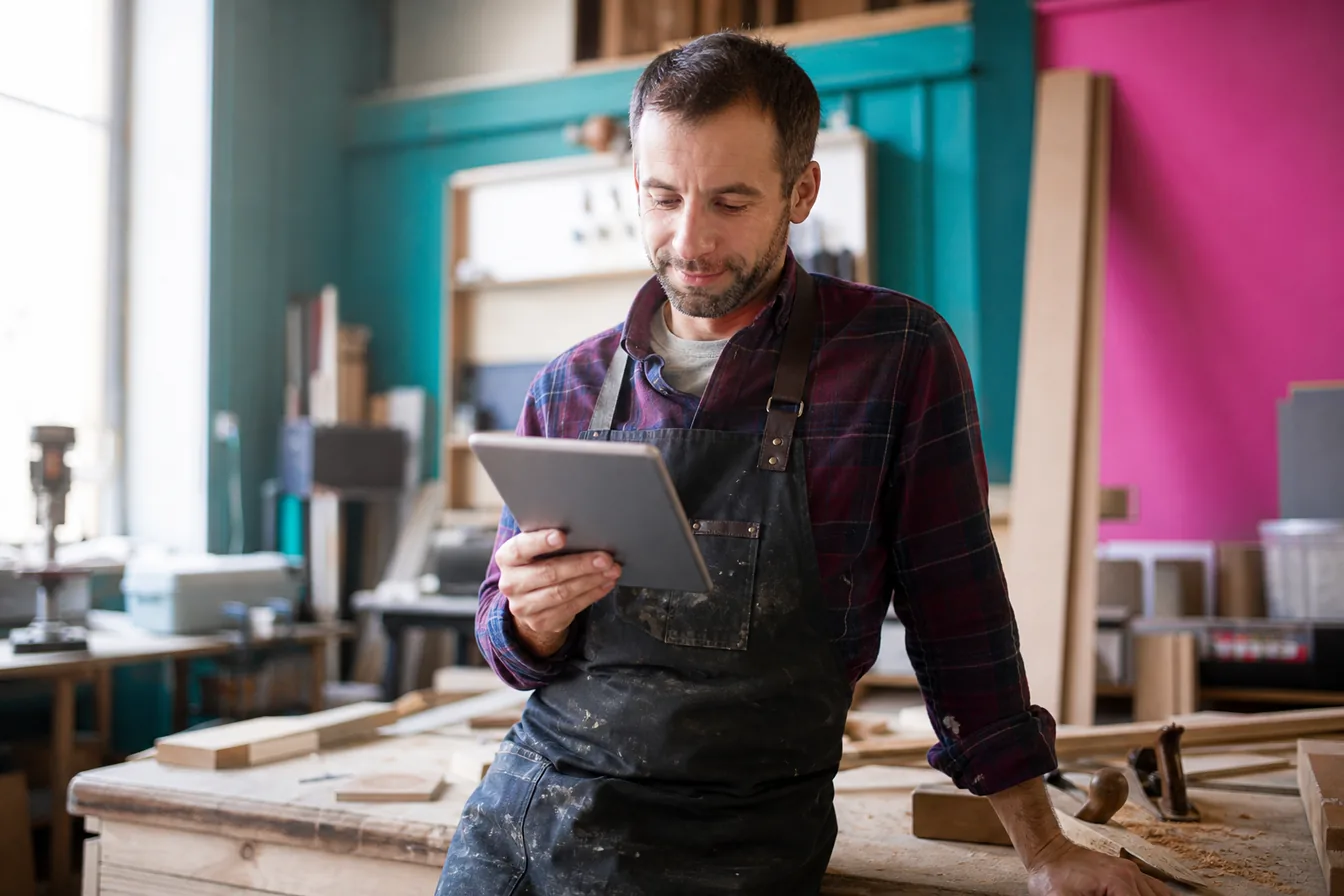 Carpenter checking a tablet in his workshop during a break — illustrative photo
