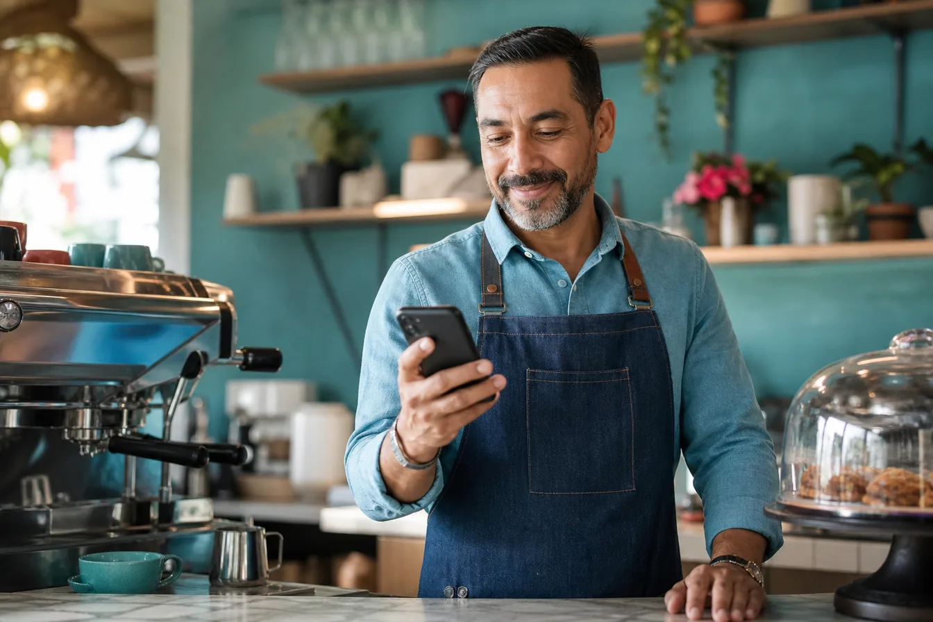 Cafe owner checking a website on his smartphone behind the espresso bar — illustrative photo for mobile-friendly websites