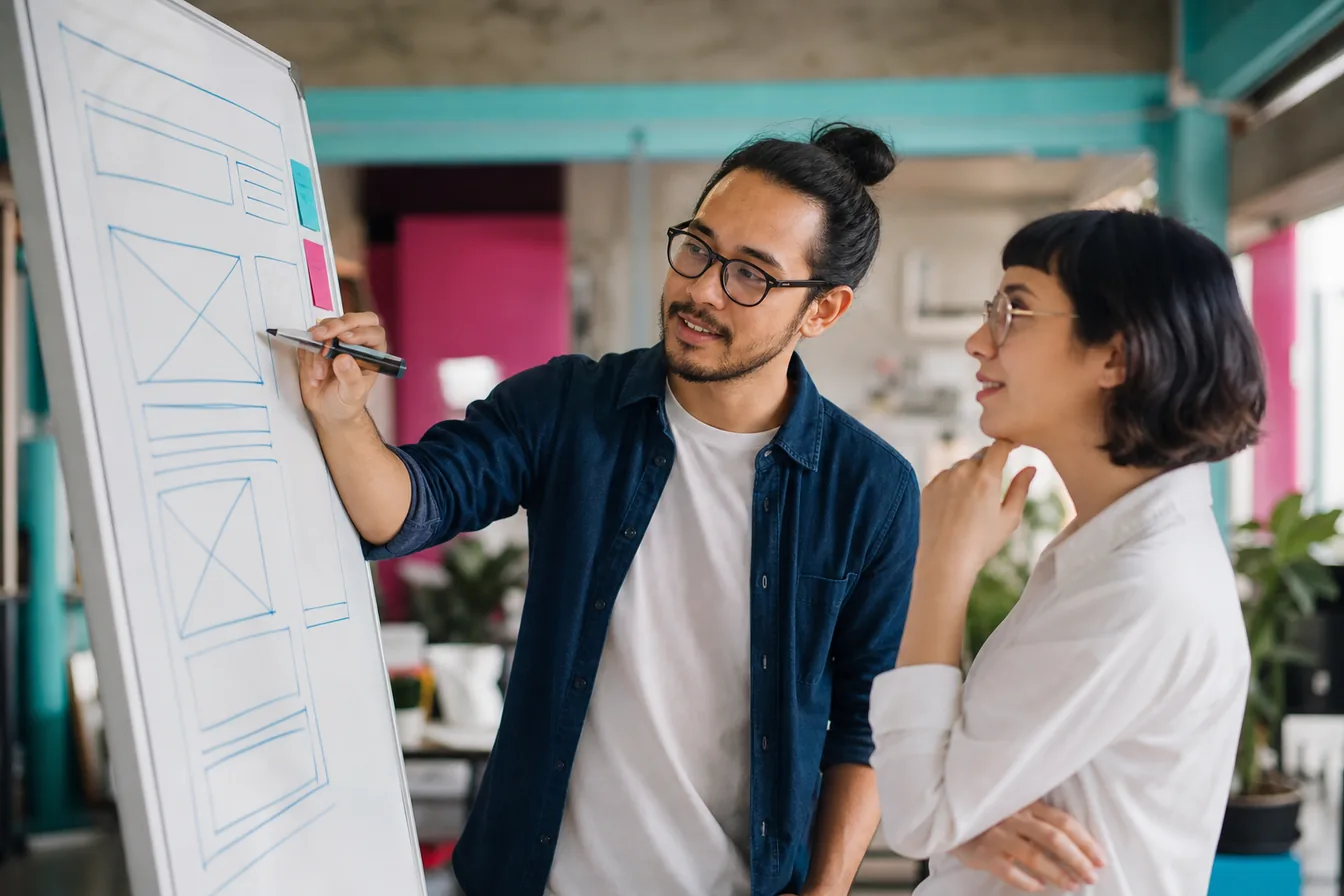 Designer and business owner sketching a website wireframe of blank boxes on a whiteboard — illustrative photo for must-have website features