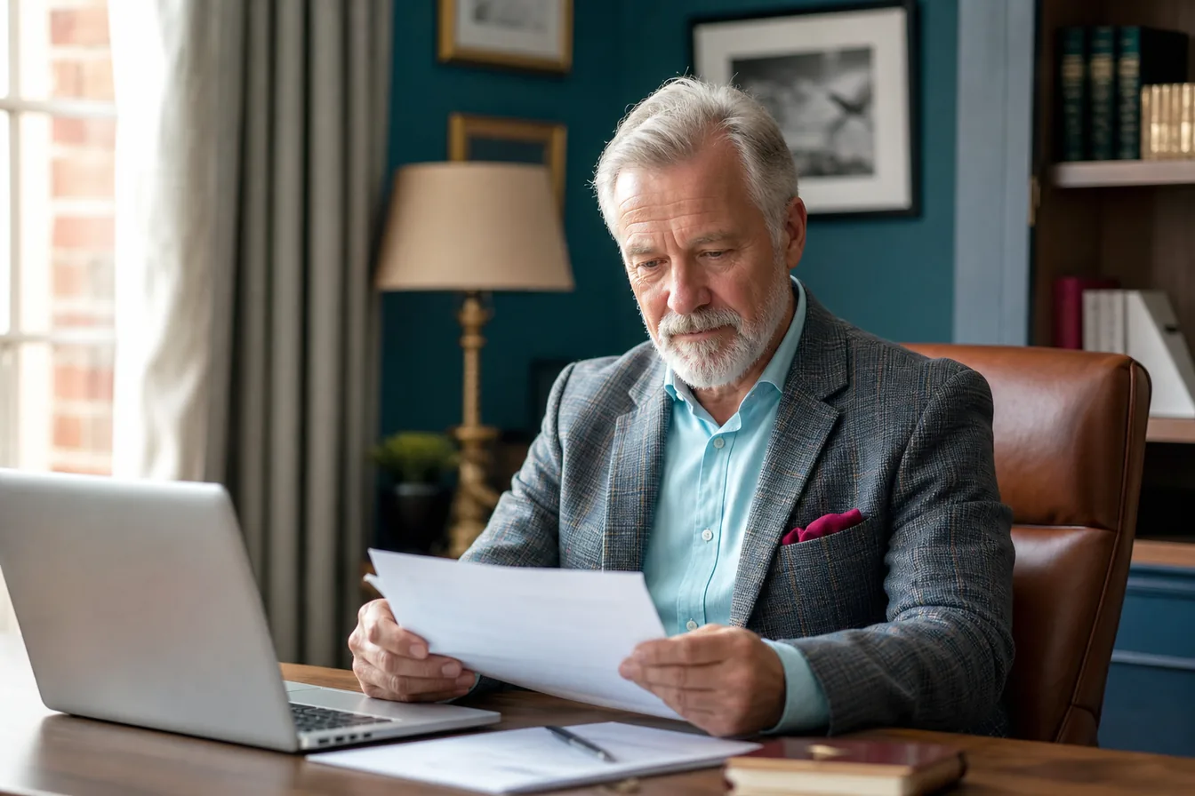 Established business owner reviewing paperwork beside a laptop in his office — illustrative photo